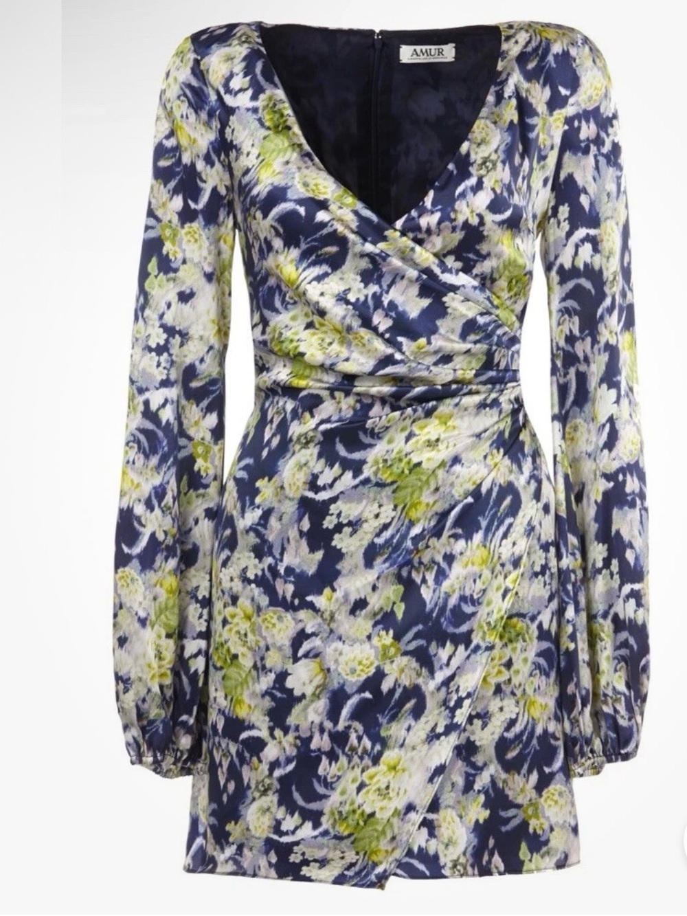 AMUR Navy, White & Lime Floral Wrap Long-Sleeve Mini Dress Size 8
